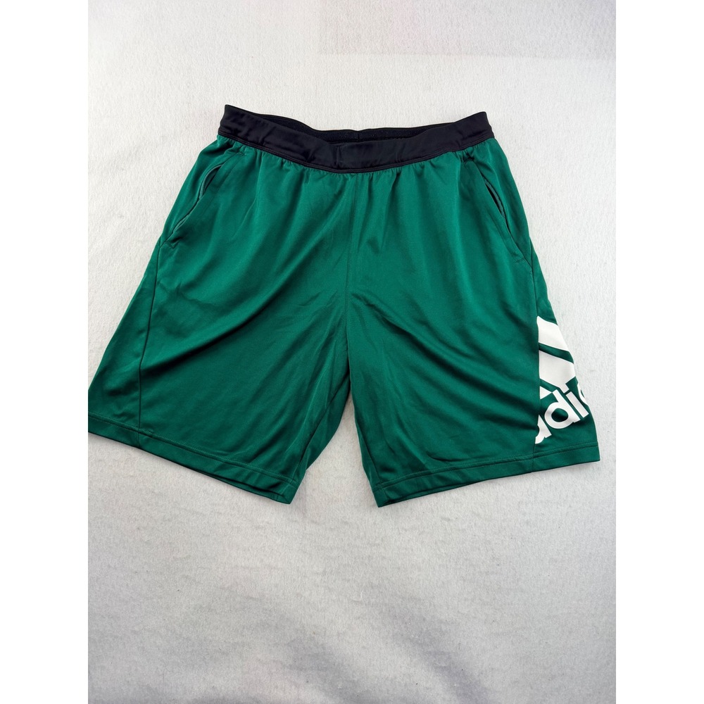Adidas Mens Athletic Shorts Green Black Elastic Waist Logo Pockets Size L